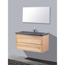 Badkamermeubelset Wood Stone 80x47x50cm natuurstenen Wastafelblad met of zonder kraangat incl. Spiegel