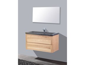 Badkamermeubelset Wood Stone 80x47x50cm natuurstenen Wastafelblad met of zonder kraangat incl. Spiegel