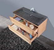 Badkamermeubelset Wood Stone 80x47x50cm natuurstenen Wastafelblad met of zonder kraangat incl. Spiegel