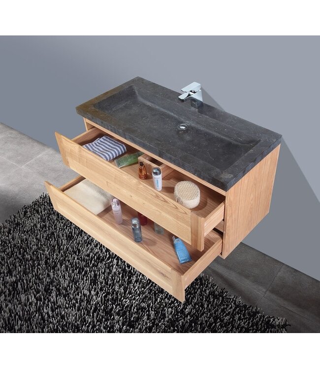 SANI-SUPPLY Badkamermeubelset Wood Stone 80x47x50cm natuurstenen Wastafelblad met of zonder kraangat incl. Spiegel