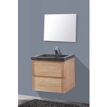 Badkamermeubelset Wood Stone 60x47x50cm natuurstenen Wastafelblad met of zonder kraangat incl. Spiegel