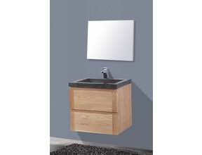 Badkamermeubelset Wood Stone 60x47x50cm natuurstenen Wastafelblad met of zonder kraangat incl. Spiegel