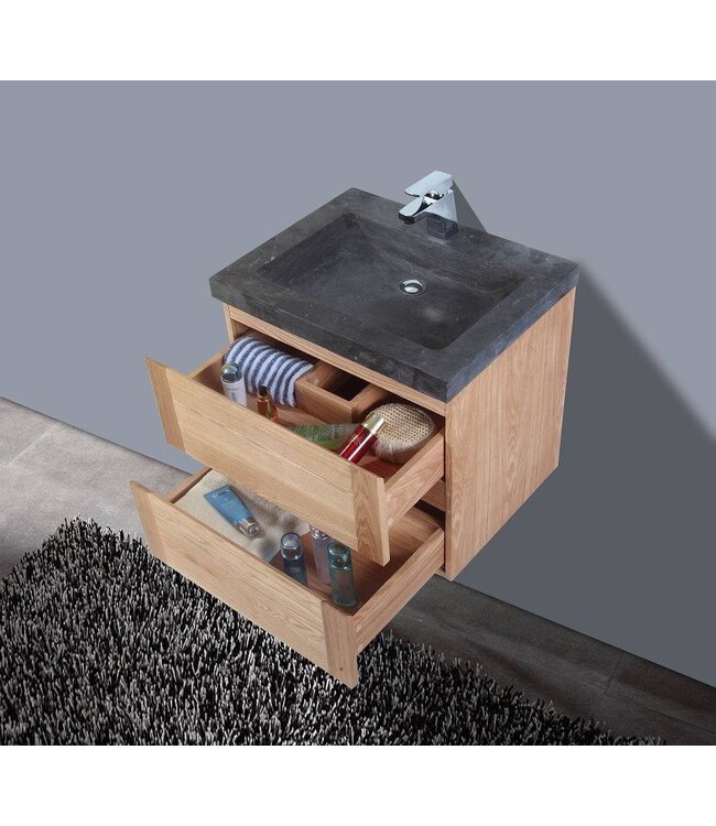 Badkamermeubelset Wood Stone 60x47x50cm natuurstenen Wastafelblad met of zonder kraangat incl. Spiegel