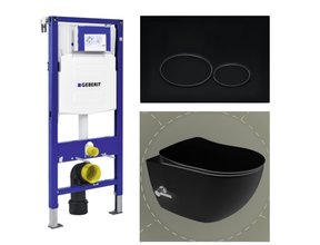 Geberit Toiletset UP 320 Aloni Mat Zwart Met bidet Flatline Rimfree  Softclose Quickrelease Toiletbril Alpha Mat Zwart Geintegreerde kraan