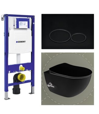 GEBERIT Geberit Toiletset UP 320 Aloni Mat Zwart Met bidet Flatline Rimfree  Softclose Quickrelease Toiletbril Alpha Mat Zwart Geintegreerde kraan