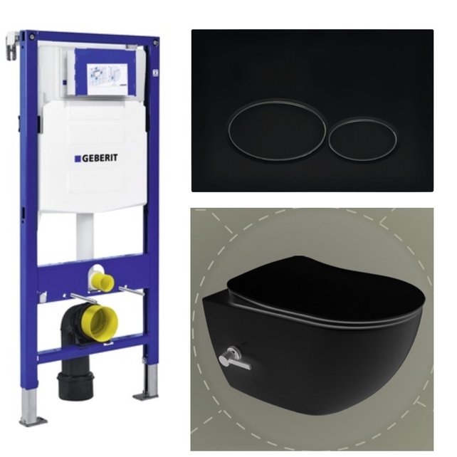 Geberit Toiletset UP 320 Aloni Mat Zwart Met bidet Flatline Rimfree  Softclose Quickrelease Toiletbril Alpha Mat Zwart Geintegreerde kraan