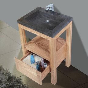 Badkamermeubelset Robusta Stone 60x47x85cm Natuursteen Wastafelblad SaniPro Wood Eiken / Multiplex kraangaten (0 - 1) incl. Spiegel