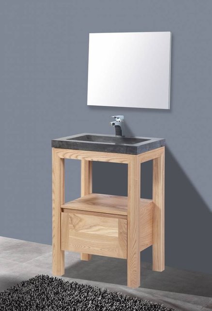 Badkamermeubelset Robusta Stone 60x47x85cm Natuursteen Wastafelblad SaniPro Wood Eiken / Multiplex kraangaten (0 - 1) incl. Spiegel