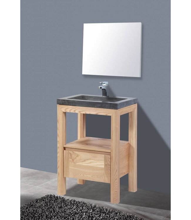 SANI-SUPPLY Badkamermeubelset Robusta Stone 60x47x85cm Natuursteen Wastafelblad SaniPro Wood Eiken / Multiplex kraangaten (0 - 1) incl. Spiegel