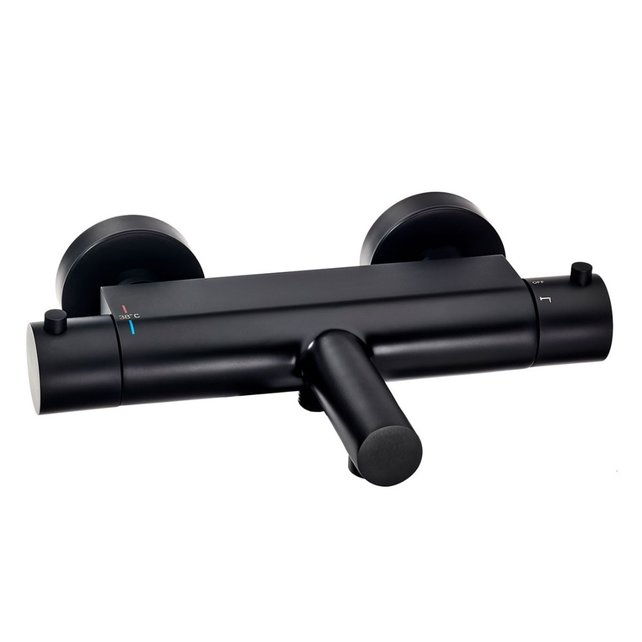 Badkraan Nomi Mat Zwart Rond Cooltouch 15cm Hartafstand Thermostatisch Opbouw 2 Greeps met Uitloop