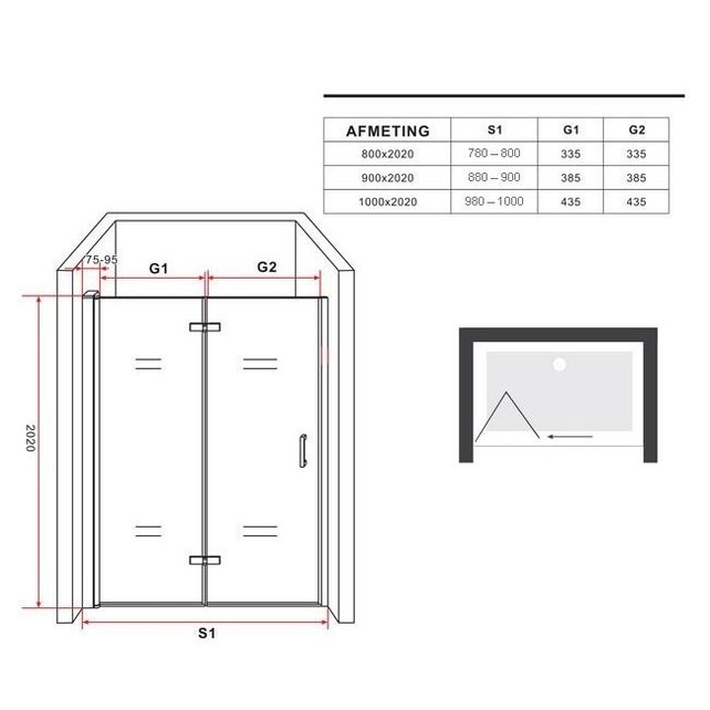 Douchedeur Miami Nisdeur Vouwdeur 80x202cm Antikalk Helder Glas Chroom Profiel 8mm Veiligheidsglas