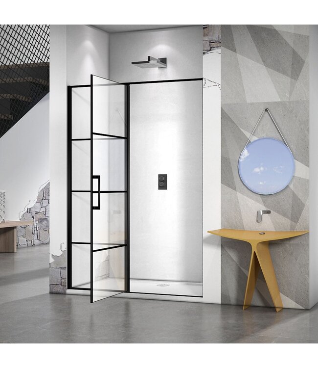 Douchedeur Collins Nisdeur Draaideur 100x200cm Mat Zwart Antikalk Helderglas 8mm Veiligheidsglas Easy Clean