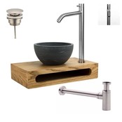 Mini Toilet Fonteinset PARRO RVS Handdoekhouder Natuursteen waskom Koud water Kraan Pushup en Sifon 40x22x8cm