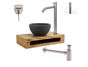 Mini Toilet Fonteinset PARRO RVS Handdoekhouder Natuursteen waskom Koud water Kraan Pushup en Sifon 40x22x8cm