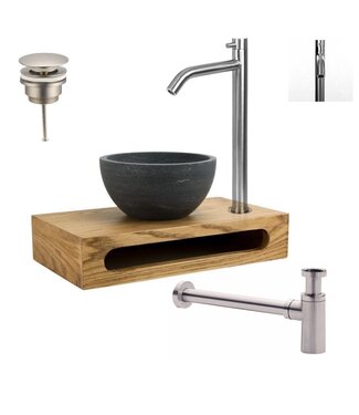 SANI-SUPPLY Mini Toilet Fonteinset PARRO RVS Handdoekhouder Natuursteen waskom Koud water Kraan Pushup en Sifon 40x22x8cm