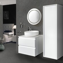 Badkamermeubel Set Sally Hoogglans Wit 60x45x50cm Hangend 2 Lades Softclose Greeploos Solid Surface Waskom en Topblad incl. Kolomkast en badkamerspiegel rond