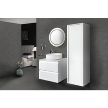 Badkamermeubel Set Sally Hoogglans Wit 60x45x50cm Hangend 2 Lades Softclose Greeploos Solid Surface Waskom en Topblad incl. Kolomkast en badkamerspiegel rond