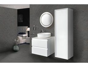 Badkamermeubel Set Sally Hoogglans Wit 60x45x50cm Hangend 2 Lades Softclose Greeploos Solid Surface Waskom en Topblad incl. Kolomkast en badkamerspiegel rond