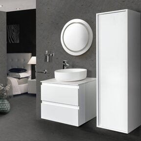 Badkamermeubel Set Sally Hoogglans Wit 60x45x50cm Hangend 2 Lades Softclose Greeploos Solid Surface Waskom en Topblad incl. Kolomkast en badkamerspiegel rond