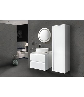 CREAVIT Badkamermeubel Set Sally Hoogglans Wit 60x45x50cm Hangend 2 Lades Softclose Greeploos Solid Surface Waskom en Topblad incl. Kolomkast en badkamerspiegel rond