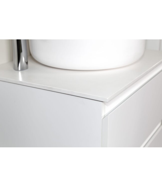 Badkamermeubel Set Sally Hoogglans Wit 60x45x50cm Hangend 2 Lades Softclose Greeploos Solid Surface Waskom en Topblad incl. Kolomkast en badkamerspiegel rond