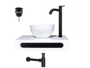 SaniPro Parro Mini Toilet Fonteinset Zwart Mat Solid surface Planchet met handdoekhouder en waskom Kraan met draaiknop Pushup en Sifon 40x22x8cm