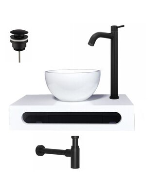 SANI-SUPPLY SaniPro Parro Mini Toilet Fonteinset Zwart Mat Solid surface Planchet met handdoekhouder en waskom Kraan met draaiknop Pushup en Sifon 40x22x8cm