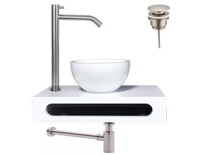 Parro Mini Toilet Fonteinset RVS Geborsteld Solid surface Planchet met handdoekhouder en waskom Kraan met draaiknop Pushup en Sifon 40x22x8cm