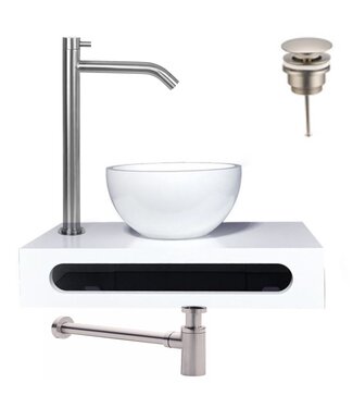 SANI-SUPPLY Parro Mini Toilet Fonteinset RVS Geborsteld Solid surface Planchet met handdoekhouder en waskom Kraan met draaiknop Pushup en Sifon 40x22x8cm