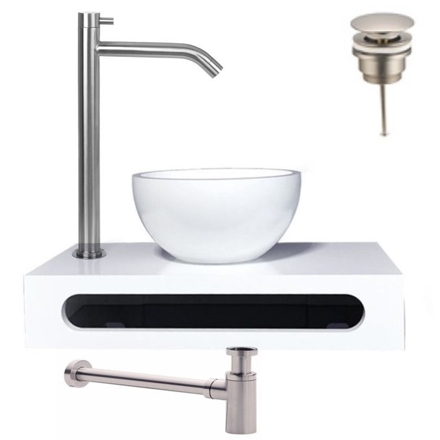 Parro Mini Toilet Fonteinset RVS Geborsteld Solid surface Planchet met handdoekhouder en waskom Kraan met draaiknop Pushup en Sifon 40x22x8cm Parro Mini Toilet Fonteinset RVS Geborsteld Solid surface Planchet met handdoekhouder en waskom Kraan met draaiknop Pushup en Sifon 40x22x8cm