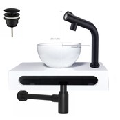 SaniPro Parro Mini Toilet Fonteinset Zwart Mat Solid surface Planchet met handdoekhouder en waskom Fonteinkraan met draaiknop Pushup en Sifon 40x22x8cm