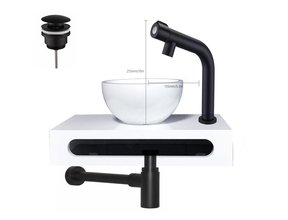 SaniPro Parro Mini Toilet Fonteinset Zwart Mat Solid surface Planchet met handdoekhouder en waskom Fonteinkraan met draaiknop Pushup en Sifon 40x22x8cm