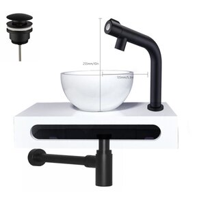 SaniPro Parro Mini Toilet Fonteinset Zwart Mat Solid surface Planchet met handdoekhouder en waskom Fonteinkraan met draaiknop Pushup en Sifon 40x22x8cm