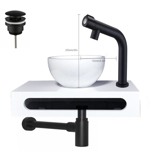 SaniPro Parro Mini Toilet Fonteinset Zwart Mat Solid surface Planchet met handdoekhouder en waskom Fonteinkraan met draaiknop Pushup en Sifon 40x22x8cm