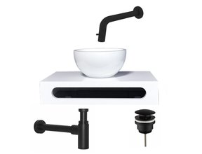 SaniPro Parro Mini toilet fonteinset Inbouw Kraan Zwart Mat solid surface Planchet Handoekhouder Waskom kraan inbouw sifon en waste