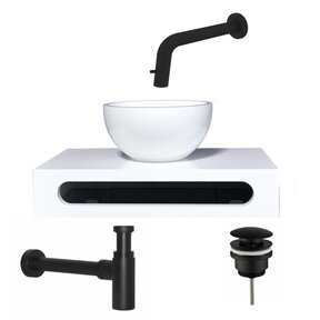 SaniPro Parro Mini toilet fonteinset Inbouw Kraan Zwart Mat solid surface Planchet Handoekhouder Waskom kraan inbouw sifon en waste