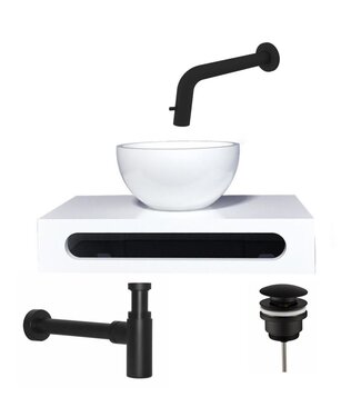 SANI-SUPPLY SaniPro Parro Mini toilet fonteinset Inbouw Kraan Zwart Mat solid surface Planchet Handoekhouder Waskom kraan inbouw sifon en waste