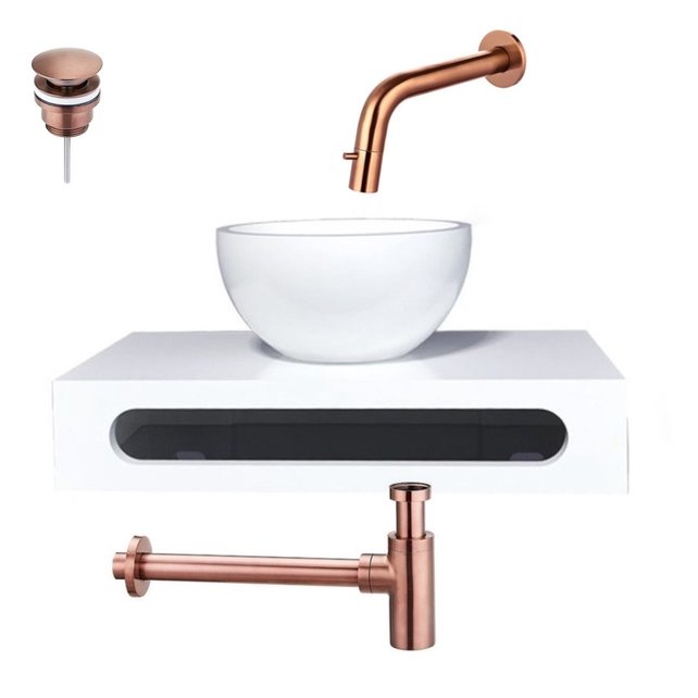 SaniPro Parro Mini toilet fonteinset Inbouw Kraan Zwart Mat solid surface Planchet Handoekhouder Waskom kraan inbouw sifon en waste