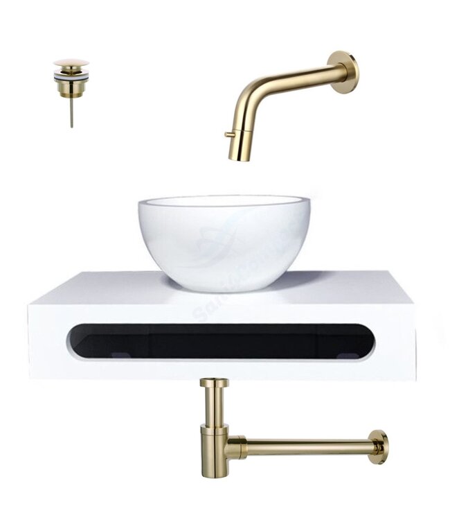 SaniPro Parro Mini toilet fonteinset Inbouw Kraan Zwart Mat solid surface Planchet Handoekhouder Waskom kraan inbouw sifon en waste