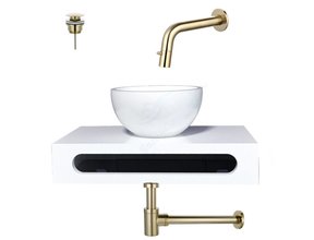 SaniPro Parro Mini toilet fonteinset Inbouw Geborsteld Goud solid surface Planchet Handoekhouder Waskom kraan inbouw sifon en waste