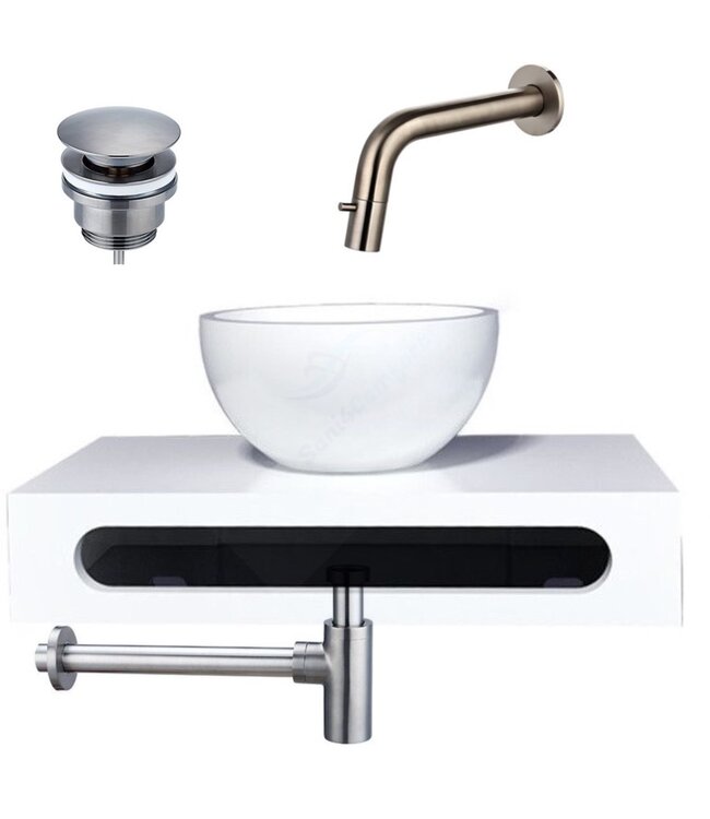 SaniPro Parro Mini toilet fonteinset Inbouw Geborsteld Goud solid surface Planchet Handoekhouder Waskom kraan inbouw sifon en waste