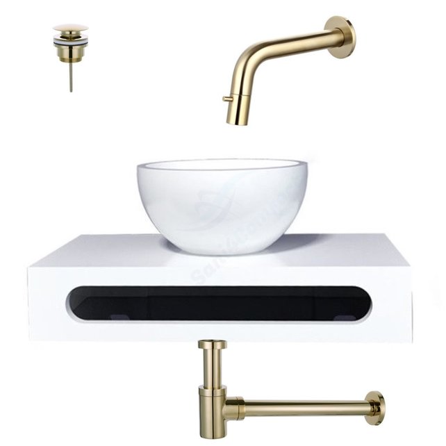 SaniPro Parro Mini toilet fonteinset Inbouw Kraan Chroom solid surface Planchet Handoekhouder Waskom kraan inbouw sifon en waste