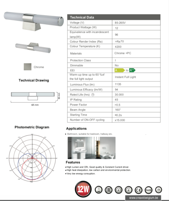 Spiegelverlichting Chroom LED 42,5cm Aloni zonder Schakelaar 4200K 12Watt