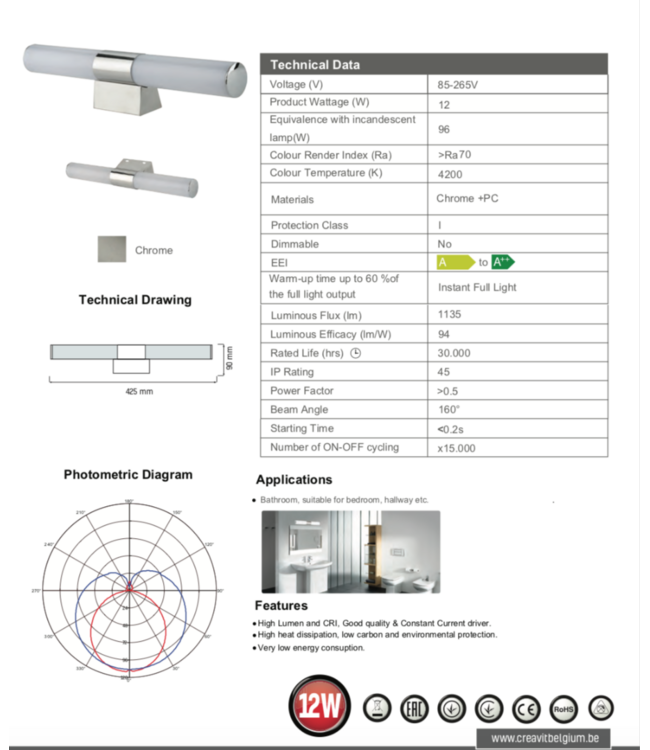 Spiegelverlichting Chroom LED 42,5cm Aloni zonder Schakelaar 4200K 12Watt