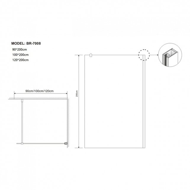 Inloopdouche Verona 100x200cm Zwart Profiel Easy Clean 8mm Veiligheidsglas Nano-Coating