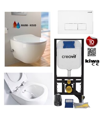 CREAVIT Compleet Hangtoilet Set met geïntegreerd bidetkraan Warm en koud Wandcloset + Inbouwreservoir + drukplaat