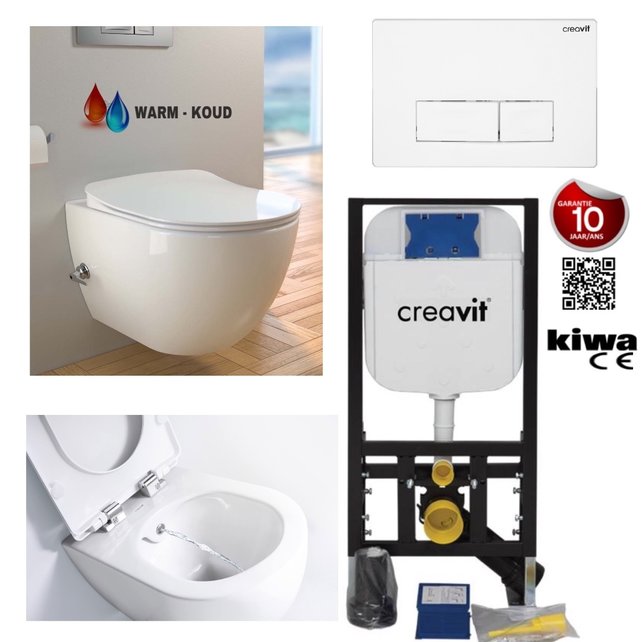 Compleet Hangtoilet Set met geïntegreerd bidetkraan Warm en koud Wandcloset + Inbouwreservoir + drukplaat Compleet Hangtoilet Set met geïntegreerd bidetkraan Warm en koud Wandcloset + Inbouwreservoir + drukplaat