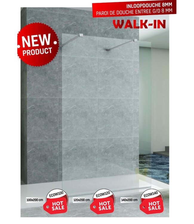 Inloopdouche Walk-In 100x200cm Creavit Aloni Douchewand Helderglas 8mm veiligheidsglas Easy-Clean