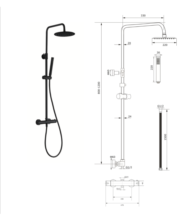 Opbouw Regendouche set Donna Optima Zwart Mat Rond 22cm hoofddouche thermostaatkraan incl. Handdouche