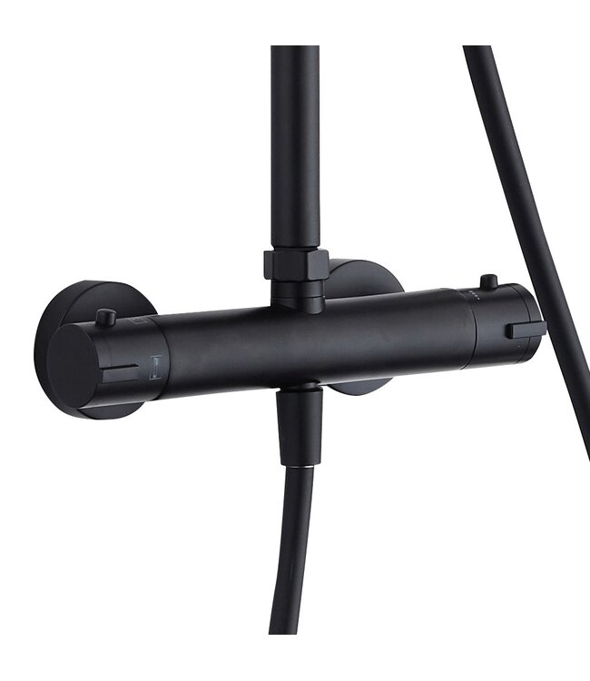 Opbouw Regendouche set Donna Optima Zwart Mat Rond 22cm hoofddouche thermostaatkraan incl. Handdouche